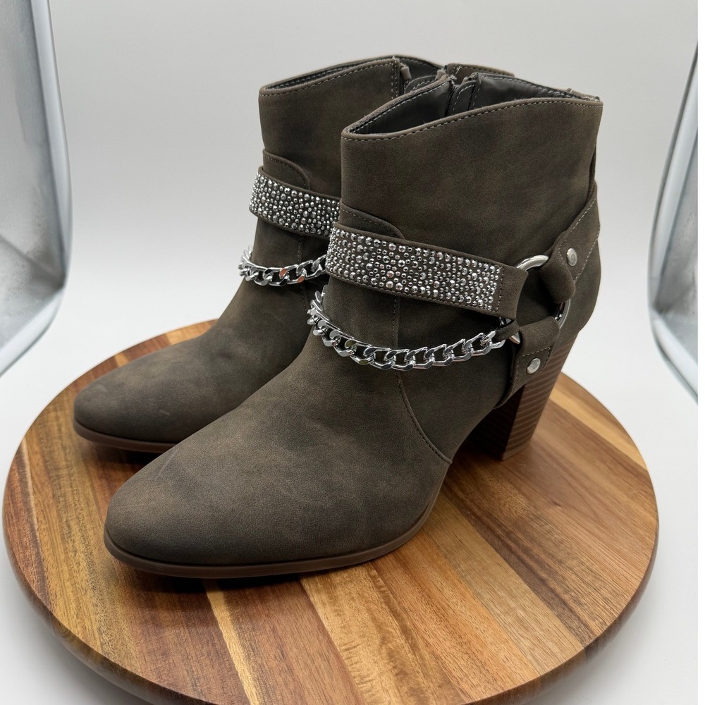 Jennifer Lopez Size 9 1/2 Melinda‎ Faux Suede Rhinestone Chain Ankle Boots 0772